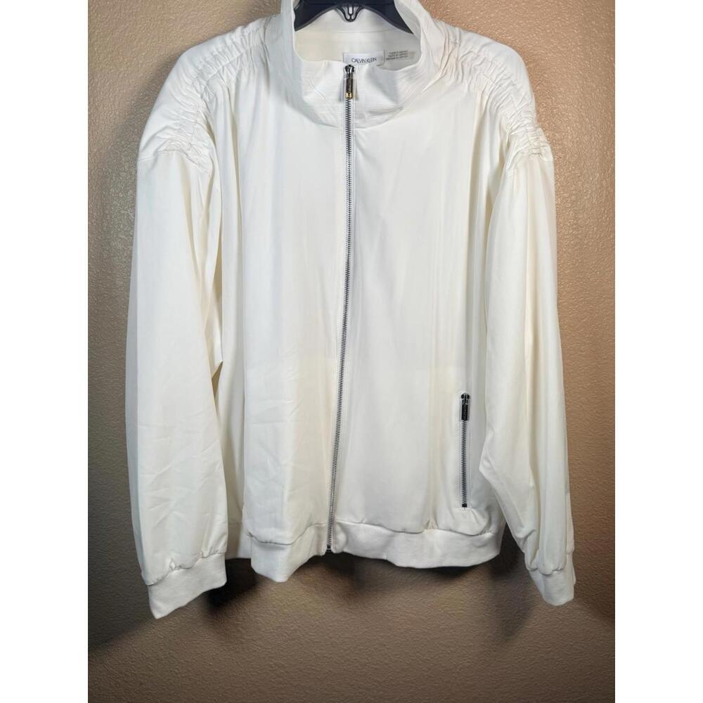 CALVIN KLEIN Womens White Stretch XL Shirred Lightweight Zip Up Jacket